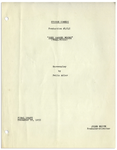 Moe Howard's 8pp. Script Dated December 1955 for The Three Stooges Film ''Hot Stuff'',  the ''Fake Shemp'' Film -- With Moe's Notes on Back Cover & Additional 2pp. of Shot List -- Very Good Condition